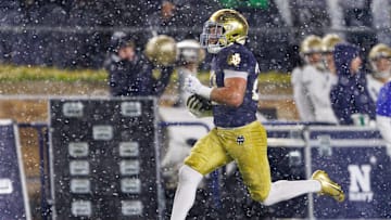 Notre Dame running back Aneyas Williams runs with the ball on his way to score a touchdown during the second half of a NCAA football game against Navy at Notre Dame Stadium on Saturday, Nov. 8, 2025, in South Bend.