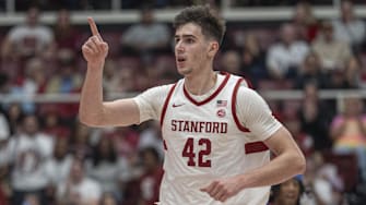 Mar 1, 2025; Stanford, California, USA;  Stanford Cardinal forward Maxime Raynaud (42) signals during the second half against the Southern Methodist Mustangs at Maples Pavilion. Mandatory Credit: Stan Szeto-Imagn Images