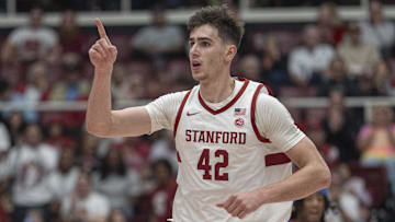 Mar 1, 2025; Stanford, California, USA;  Stanford Cardinal forward Maxime Raynaud (42) signals during the second half against the Southern Methodist Mustangs at Maples Pavilion. Mandatory Credit: Stan Szeto-Imagn Images