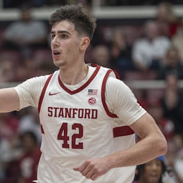 Mar 1, 2025; Stanford, California, USA;  Stanford Cardinal forward Maxime Raynaud (42) signals during the second half against the Southern Methodist Mustangs at Maples Pavilion. Mandatory Credit: Stan Szeto-Imagn Images