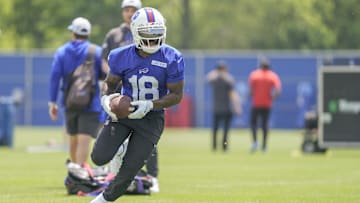 Jun 11, 2025; Orchard Park, NY, USA; Buffalo Bills wide receiver Elijah Moore (18) runs with the ball during Minicamp at Highmark Stadium. Mandatory Credit: Gregory Fisher-Imagn Images
