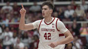 Mar 1, 2025; Stanford, California, USA;  Stanford Cardinal forward Maxime Raynaud (42) signals during the second half against the Southern Methodist Mustangs at Maples Pavilion. Mandatory Credit: Stan Szeto-Imagn Images