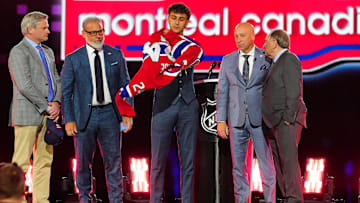 Jun 28, 2024; Las Vegas, Nevada, USA; Michael Hage is selected by the Montreal Canadiens with the 21st overall pick in the first round of the 2024 NHL Draft at The Sphere. Mandatory Credit: Stephen R. Sylvanie-Imagn Images