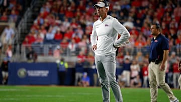 Nov 15, 2025; Oxford, Mississippi, USA; Mississippi Rebels head coach Lane Kiffin looks on during the first quarter against the Florida Gators at Vaught-Hemingway Stadium. Mandatory Credit: Petre Thomas-Imagn Images