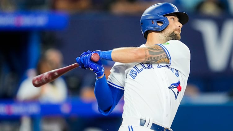 Nathan Lukes takes a swing in a game between the Toronto Blue Jays and Philadelphia Phillies.