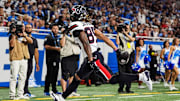 Houston Texans wide receiver Daniel Jackson (85) makes a catch for a touchdown against Detroit Lions during the second half at Ford Field in Detroit on Saturday, August 23, 2025.