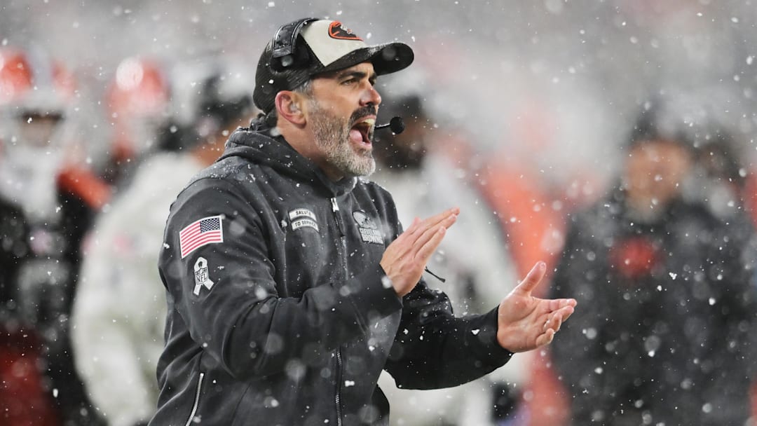 Nov 21, 2024; Cleveland, Ohio, USA; Cleveland Browns head coach Kevin Stefanski reacts during the second half against the Pittsburgh Steelers at Huntington Bank Field. Mandatory Credit: Ken Blaze-Imagn Images