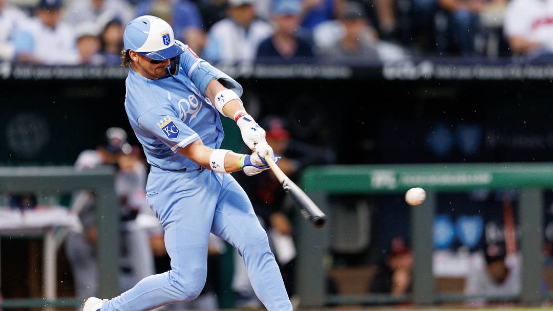 Sep 25, 2026; Kansas City, Missouri, USA; Kansas City Royals shortstop Bobby Witt Jr. (7) gets a base hit during the first inning against the Cleveland Guardians at Kauffman Stadium. Mandatory Credit: William Purnell-Imagn Images Sep 25, 2026; Kansas City, Missouri, USA; Kansas City Royals shortstop Bobby Witt Jr. (7) gets a base hit during the first inning against the Cleveland Guardians at Kauffman Stadium. Mandatory Credit: William Purnell-Imagn Images