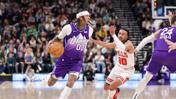 Mar 17, 2025; Salt Lake City, Utah, USA;  Utah Jazz guard Jordan Clarkson (00) brings the ball up the court during the second quarter against the Chicago Bulls at Delta Center. Mandatory Credit: Chris Nicoll-Imagn Images