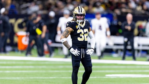 New Orleans Saints safety Tyrann Mathieu (32) looks on against the Atlanta Falcons during the first half