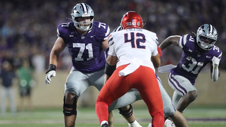 Kansas State Wildcats offensive lineman Easton Kilty (71) works his position during the fourth quarter of the game against Arizona at Bill Snyder Family Stadium on Friday, September 13, 2024.