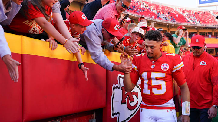 Oct 19, 2025; Kansas City, Missouri, USA; Kansas City Chiefs quarterback Patrick Mahomes (15) greets fans as he leaves the field after the game against the Las Vegas Raiders at GEHA Field at Arrowhead Stadium. Mandatory Credit: Denny Medley-Imagn Images