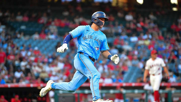 Aug 13, 2024; Anaheim, California, USA; Toronto Blue Jays second baseman Will Wagner (7) runs after hitting a double against the Los Angeles Angels during the third inning at Angel Stadium.