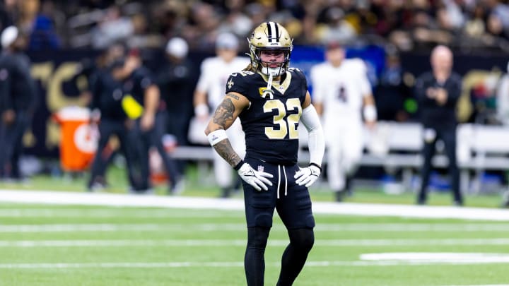 Jan 7, 2024; New Orleans, Louisiana, USA;  New Orleans Saints safety Tyrann Mathieu (32) looks on against the Atlanta Falcons during the first half at Caesars Superdome. Mandatory Credit: Stephen Lew-USA TODAY Sports