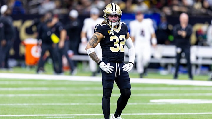 Jan 7, 2024; New Orleans, Louisiana, USA;  New Orleans Saints safety Tyrann Mathieu (32) looks on against the Atlanta Falcons during the first half at Caesars Superdome. Mandatory Credit: Stephen Lew-Imagn Images