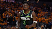 May 10, 2025; San Francisco, California, USA; Minnesota Timberwolves guard Anthony Edwards (5) reacts after being fouled by the Golden State Warriors in the fourth quarter during game three in the second round for the 2025 NBA Playoffs at Chase Center. Mandatory Credit: David Gonzales-Imagn Images