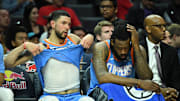 Mar 18, 2018; Los Angeles, CA, USA; LA Clippers guard Austin Rivers (25) and center DeAndre Jordan (6) react in the fourth quarter against the Portland Trail Blazers at Staples Center. The Trail Blazers defeated the Clippers 122-109. Mandatory Credit: Kirby Lee-Imagn Images