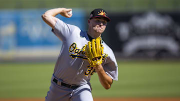 Oct 26, 2022; Surprise, Arizona, USA; Oakland Athletics pitcher Ryan Cusick for the Mesa Solar Sox during an Arizona Fall League baseball game at Surprise Stadium.