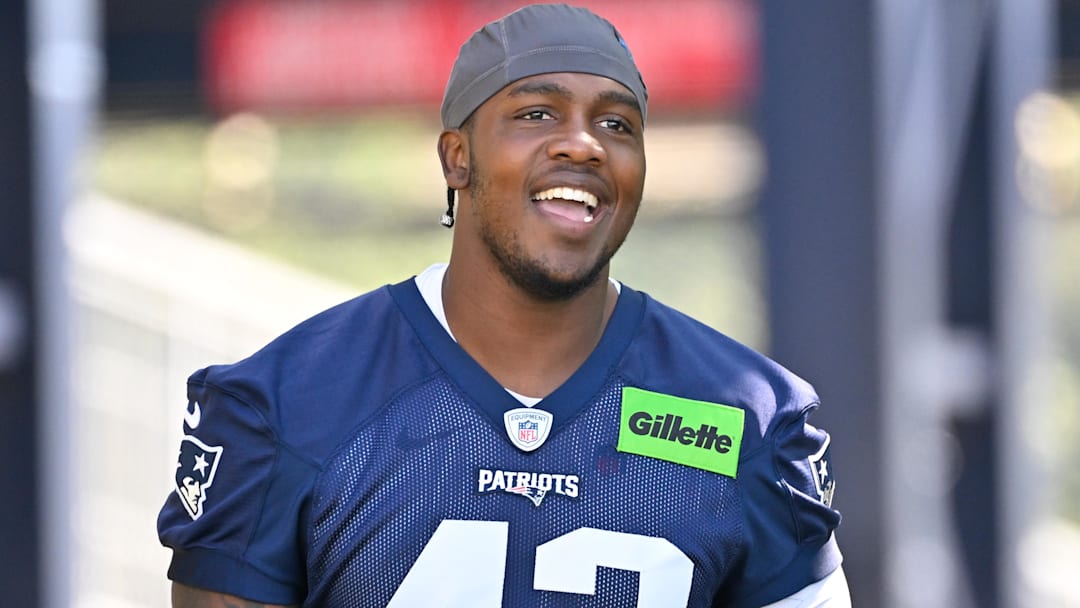 New England Patriots defensive end Bradyn Swinson (43) walks to the practice field for training camp at Gillette Stadium. New England Patriots defensive end Bradyn Swinson (43) walks to the practice field for training camp at Gillette Stadium.