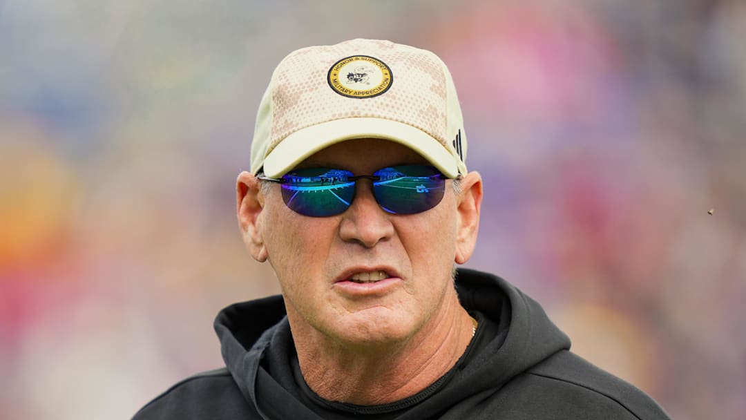 Nov 1, 2025; Lawrence, Kansas, USA; Kansas Jayhawks head coach Lance Leipold prior to a game against the Oklahoma State Cowboys at David Booth Kansas Memorial Stadium. Mandatory Credit: Jay Biggerstaff-Imagn Images