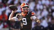 Sep 6, 2025; Cincinnati, Ohio, USA; Bowling Green Falcons quarterback Drew Pyne (9) throws a pass against the Cincinnati Bearcats in the first half at Nippert Stadium. Mandatory Credit: Aaron Doster-Imagn Images