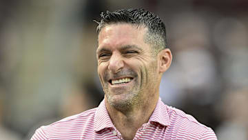 Oct 26, 2024; College Station, Texas, USA; Houston Texans executive vice president and general manager Nick Caserio smiles while standing on the sideline prior to the game between the Texas A&M Aggies and the LSU Tigers at Kyle Field. Mandatory Credit: Maria Lysaker-Imagn Images. 