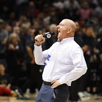 Oct 3, 2022; Seattle, Washington, USA; Los Angeles Clippers owner Steve Balmer addresses the crowd before tipoff of a game against the Portland Trail Blazers at Climate Pledge Arena. Mandatory Credit: Joe Nicholson-Imagn Images