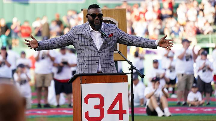 Jul 26, 2022; Boston, Massachusetts, USA; Former Boston Red Sox player David Ortiz    Big Papi on the field for his induction into the Red Sox Hall Of Fame during a ceremony at Fenway Park before the start of the game against the Cleveland Guardians. Mandatory Credit: David Butler II-Imagn Images