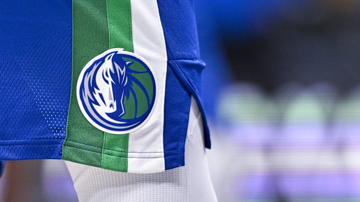 Nov 12, 2022; Dallas, Texas, USA; A view of the Dallas Mavericks logo during the game between the Dallas Mavericks and the Portland Trail Blazers at the American Airlines Center. Mandatory Credit: Jerome Miron-Imagn Images