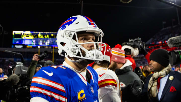 Jan 21, 2024; Orchard Park, New York, USA; Buffalo Bills quarterback Josh Allen (17) reacts after losing to the Kansas City Chiefs during the 2024 AFC divisional round game at Highmark Stadium. Mandatory Credit: Mark J. Rebilas-USA TODAY Sports