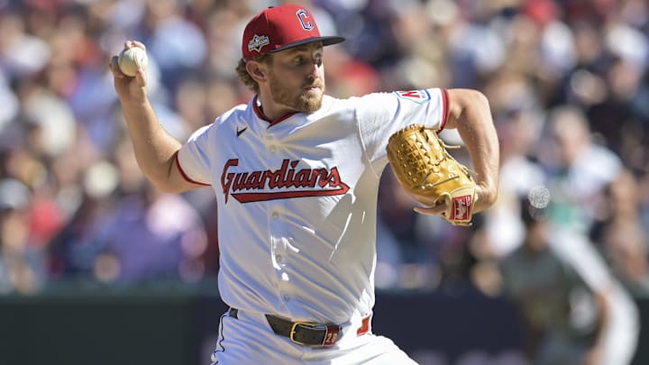 Oct 1, 2025; Cleveland, Ohio, USA; Cleveland Guardians starting pitcher Tanner Bibee (28) delivers a pitch against Detroit Tigers in the first inning during game two of the Wildcard round for the 2025 MLB playoffs at Progressive Field. 