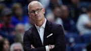 Nov 10, 2025; Storrs, Connecticut, USA; UConn Huskies head coach Dan Hurley watches from the sideline as they take on the Columbia Lions at Harry A. Gampel Pavilion. Mandatory Credit: David Butler II-Imagn Images