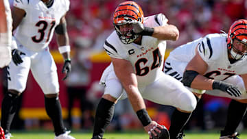Cincinnati Bengals center Ted Karras (64) calls out the defense in the second quarter of the NFL Week 2 game between the Kansas City Chiefs and the Cincinnati Bengals at Arrowhead Stadium in Kansas City on Sunday, Sept. 15, 2024. The Bengals led 16-10 at halftime.