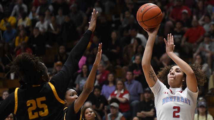 Monterey's Aaliyah Chavez shoots against Frisco Memorial in a Class 5A Division II state semifinal girls basketball game Tuesday, Feb. 25, 2025, at the Mabee Athletic Complex in Abilene. Chavez finished with 20 points as Monterey advanced to the state final for the first time since 1981. Monterey's Aaliyah Chavez shoots against Frisco Memorial in a Class 5A Division II state semifinal girls basketball game Tuesday, Feb. 25, 2025, at the Mabee Athletic Complex in Abilene. Chavez finished with 20 points as Monterey advanced to the state final for the first time since 1981.