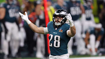 Feb 9, 2025; New Orleans, LA, USA; Philadelphia Eagles running back Will Shipley (28) reacts after a play against the Kansas City Chiefs during the first half of Super Bowl LIX at Caesars Superdome. Mandatory Credit: Bill Streicher-Imagn Images