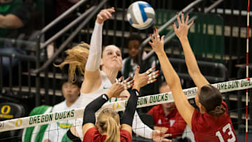 Oregon outside hitter Mimi Colyer hits as the Oregon Ducks host the Nebraska Cornhuskers at Matthew Knight Arena Thursday, Nov. 7, 2024 in Eugene, Ore.