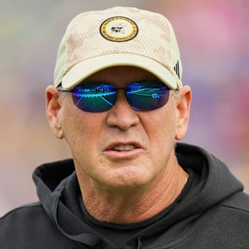 Nov 1, 2025; Lawrence, Kansas, USA; Kansas Jayhawks head coach Lance Leipold prior to a game against the Oklahoma State Cowboys at David Booth Kansas Memorial Stadium. Mandatory Credit: Jay Biggerstaff-Imagn Images