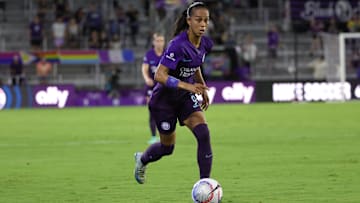 Orlando Pride forward Adriana Leal da Silva (9) dribbles the ball during the first half against the Kansas City Current 