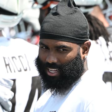 Aug 4, 2024; Cleveland Browns wide receiver Elijah Moore (8) during practice at the Browns training facility in Berea, Ohio. Mandatory Credit: Bob Donnan-Imagn Images