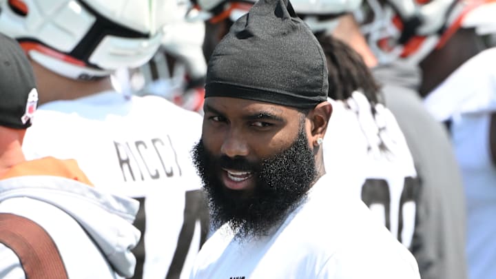 Aug 4, 2024; Cleveland Browns wide receiver Elijah Moore (8) during practice at the Browns training facility in Berea, Ohio. Mandatory Credit: Bob Donnan-Imagn Images