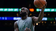 Apr 29, 2025; Boston, Massachusetts, USA; Boston Celtics guard Jaylen Brown (7) on the court during warmups before game five of first round for the 2025 NBA Playoffs against the Orlando Magic at TD Garden. 