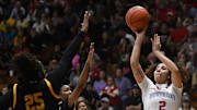Monterey's Aaliyah Chavez shoots against Frisco Memorial in a Class 5A Division II state semifinal girls basketball game Tuesday, Feb. 25, 2025, at the Mabee Athletic Complex in Abilene.