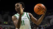 Oregon forward Mookie Cook moves the ball as the Oregon Ducks host the Montana Grizzlies at Matthew Knight Arena Friday, Nov. 8, 2024 in Eugene, Ore.