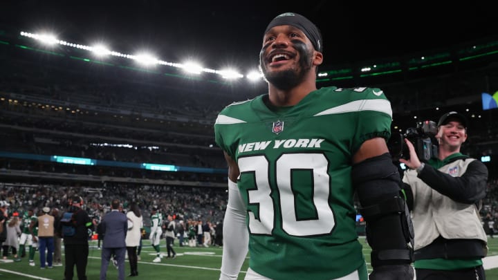 Oct 15, 2023; East Rutherford, New Jersey, USA; New York Jets cornerback Michael Carter II (30) celebrates after the game against the Philadelphia Eagles at MetLife Stadium. Mandatory Credit: Vincent Carchietta-USA TODAY Sports