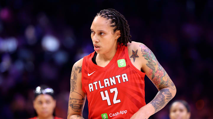 Aug 10, 2025; Phoenix, Arizona, USA; Atlanta Dream center Brittney Griner (42) against the Phoenix Mercury at PHX Arena. Mandatory Credit: Mark J. Rebilas-Imagn Images