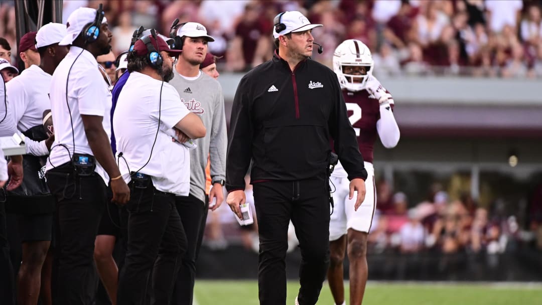 Mississippi State Bulldogs head coach Jeff Lebby walks down the sideline during the first quarter against the Eastern Kentucky Colonels at Davis Wade Stadium at Scott Field.