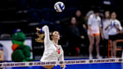 Florida Gators outside hitter Kennedy Martin (18) hits the ball during the third set against the FGCU Eagles in the first round of the NCAA Women's Volleyball Championship at Exactech Arena at the Stephen C. O'Connell Center in Gainesville, FL on Thursday, November 30, 2023.