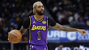 Nov 4, 2024; Detroit, Michigan, USA; Los Angeles Lakers guard D'Angelo Russell (1) dribbles in the first half against the Detroit Pistons at Little Caesars Arena. Mandatory Credit: Rick Osentoski-Imagn Images