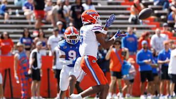 Apr 12, 2025; Gainesville, FL, USA; Florida Gators wide receiver Dallas Wilson (6) catches a pass for a touchdown over Florida Gators defensive back Drake Stubbs (9) during the second half at Ben Hill Griffin Stadium. Mandatory Credit: Matt Pendleton-Imagn Images