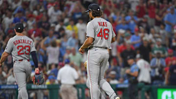 Jul 21, 2025; Philadelphia, Pennsylvania, USA;  Boston Red Sox pitcher Jordan Hicks (46) leaves the field after loss to the Philadelphia Phillies on a walk-off catcher's interference call during the tenth inning at Citizens Bank Park. Mandatory Credit: Eric Hartline-Imagn Images